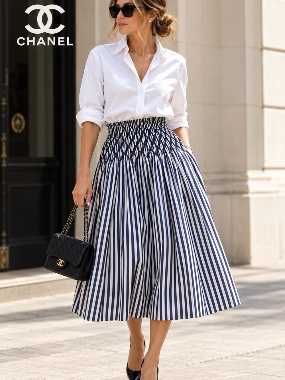CHANEL Navy and White Vertical-Stripe Midi Skirt